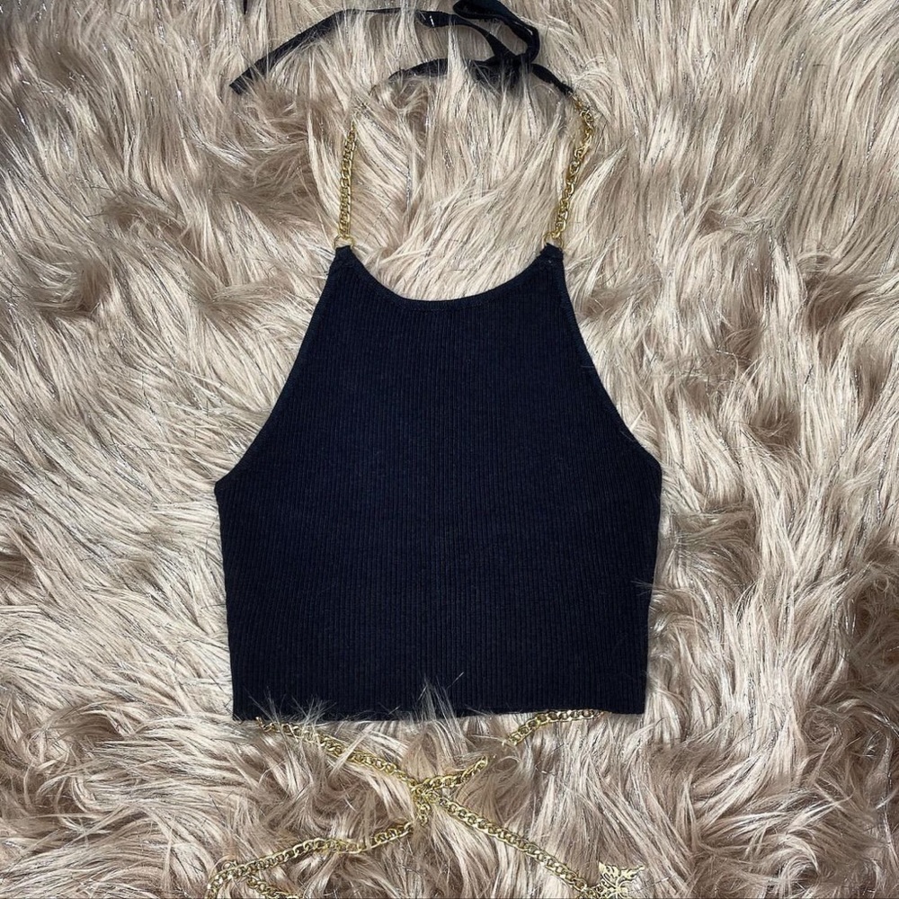 Black Ribbed Halter Crop Top